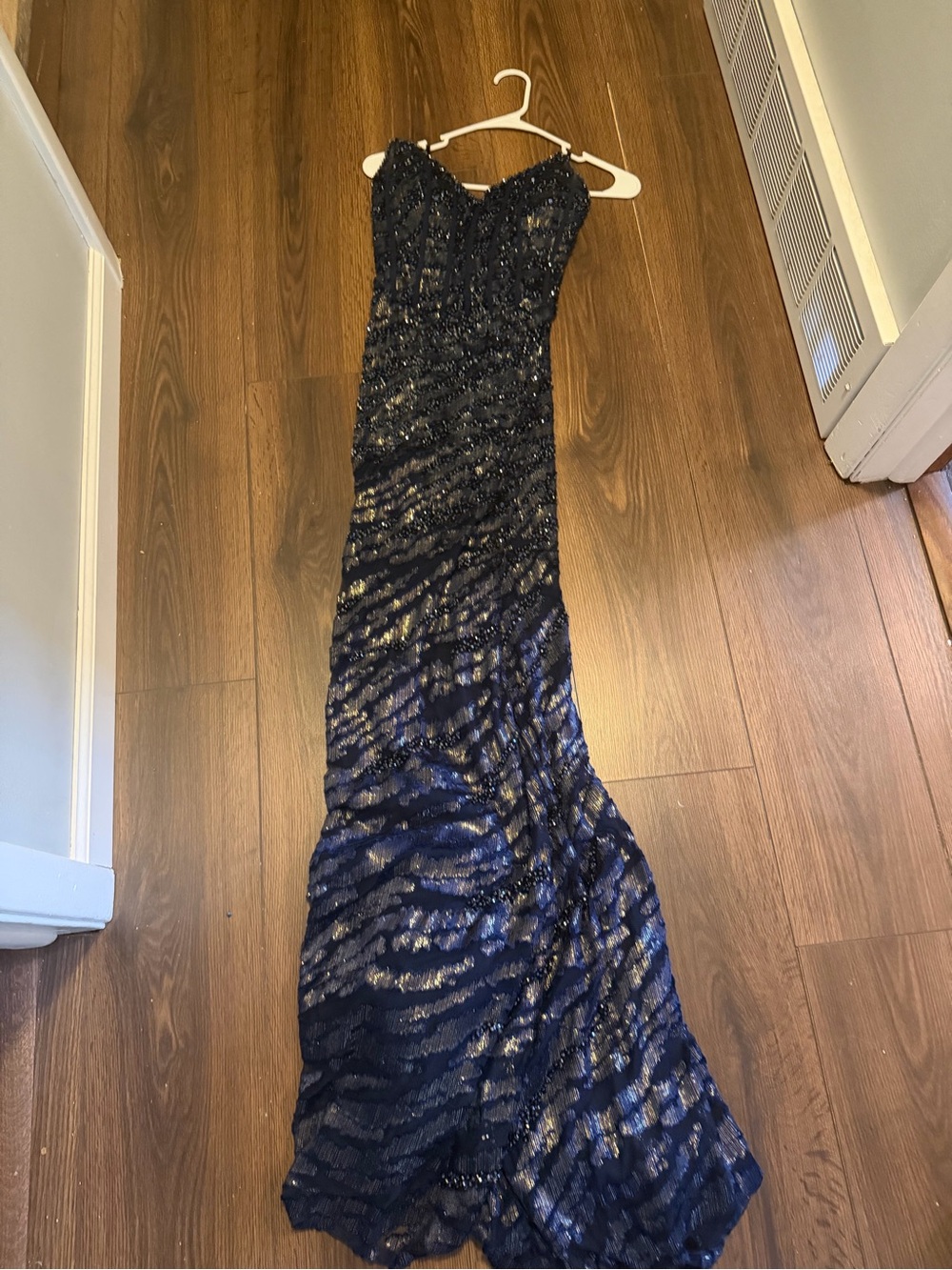 Jovani Navy and Gold Sequin Strapless Evening Gown